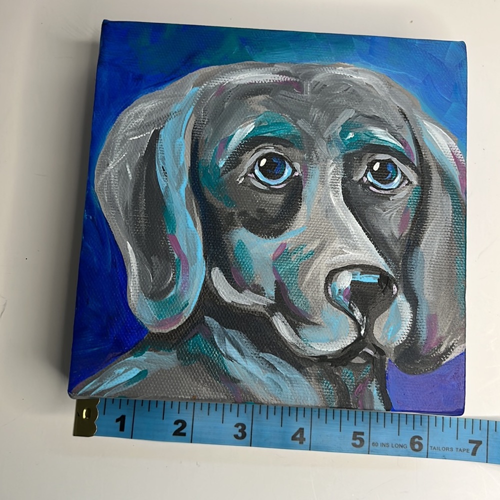 Weimaraner colorful acrylic pet painting on gallery wrapped canvas. 6”x6” - Picture 6 of 7